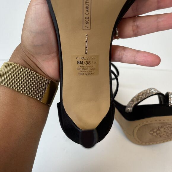 Vince Camuto Kalvira 2 Platform Heels Silver Rhinestone Black Satin Size 8 NWOB - Picture 15 of 15